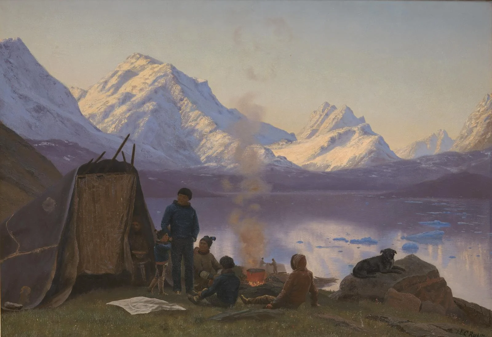En grønlandsk boplads ved en fjord. Sommer