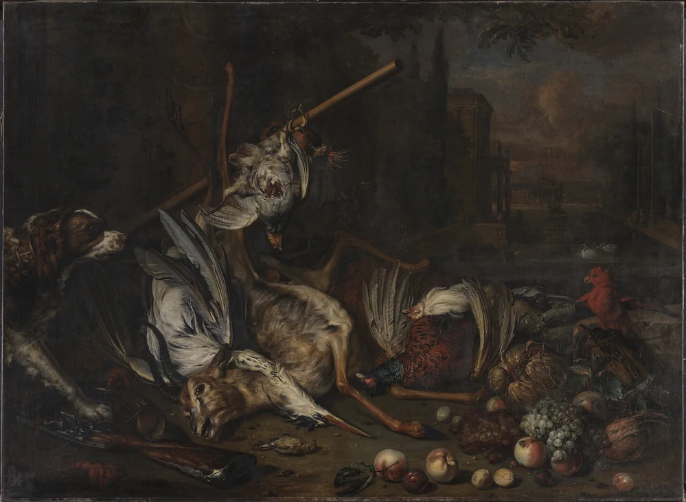 Still Life with a Dead Gazelle, Heron and Other Fowl, with a Dog, Parrot, Rifle and Coconuts in a Park Landscape