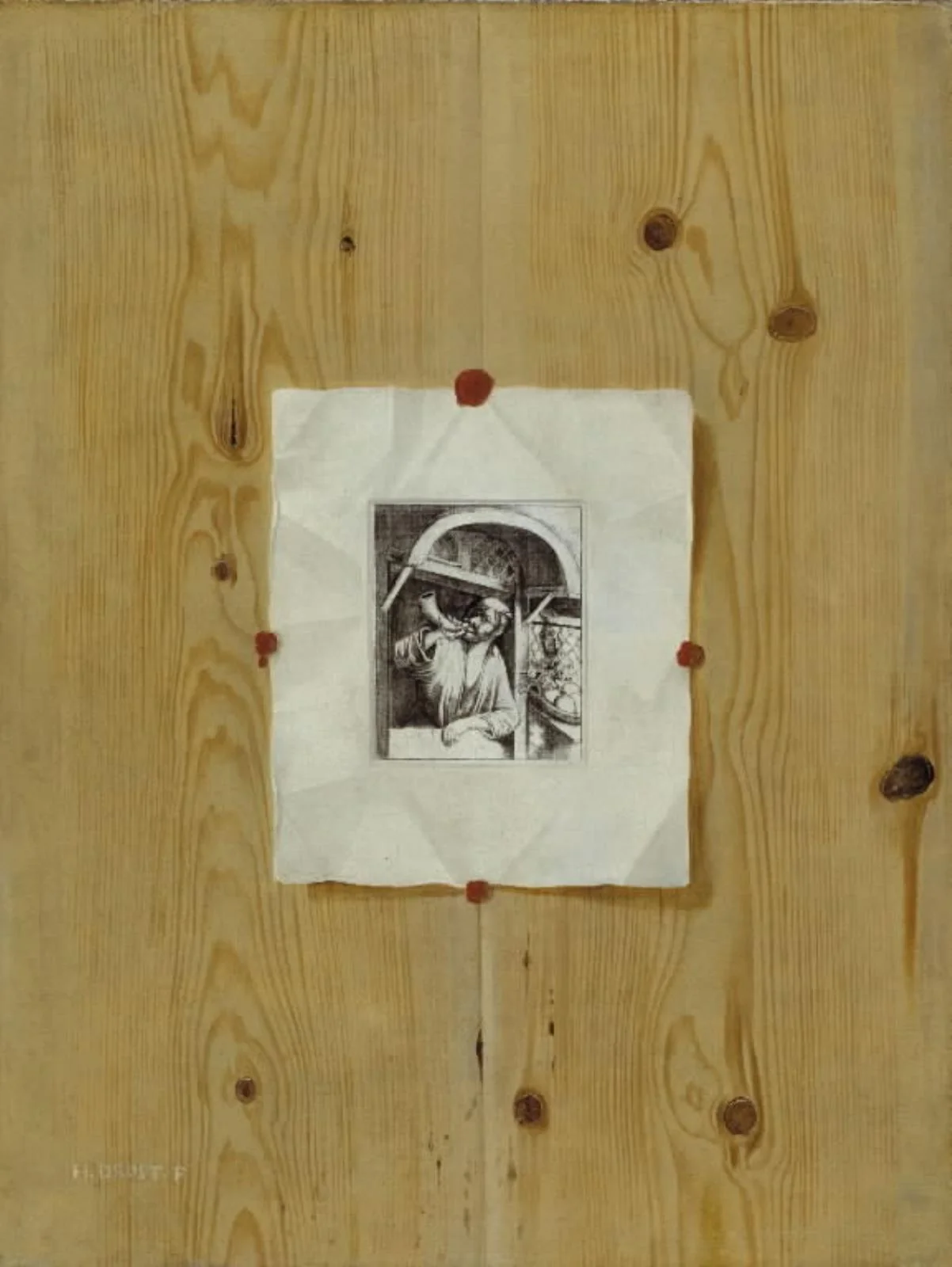 Trompe l'Oeil. Board with an Etching of a Baker Sounding his Horn