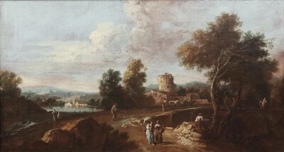 An Italian Landscape with Figures and Cattle