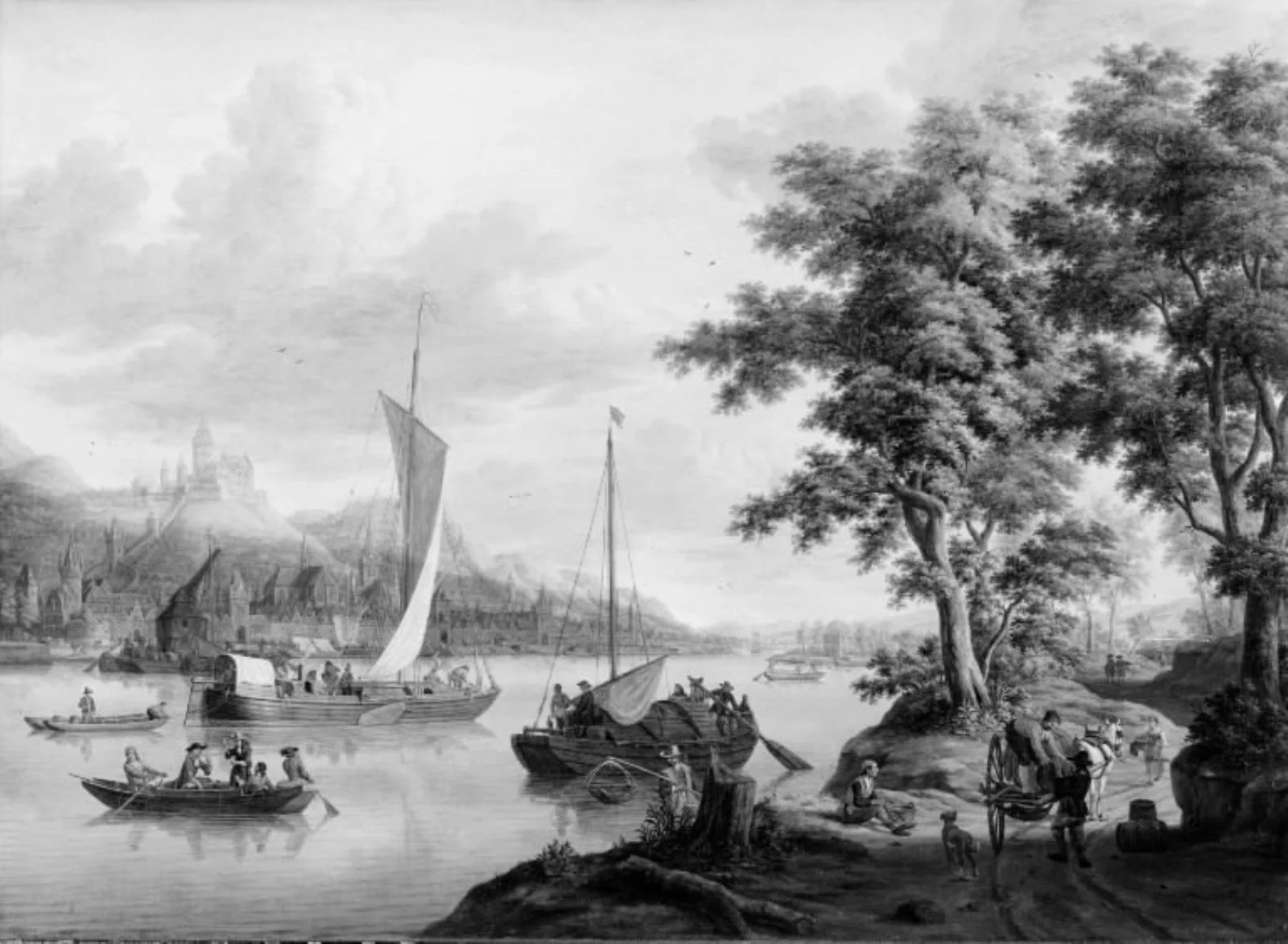 Landscape from the Rhine. View towards Bacharach with Burg Stahleck