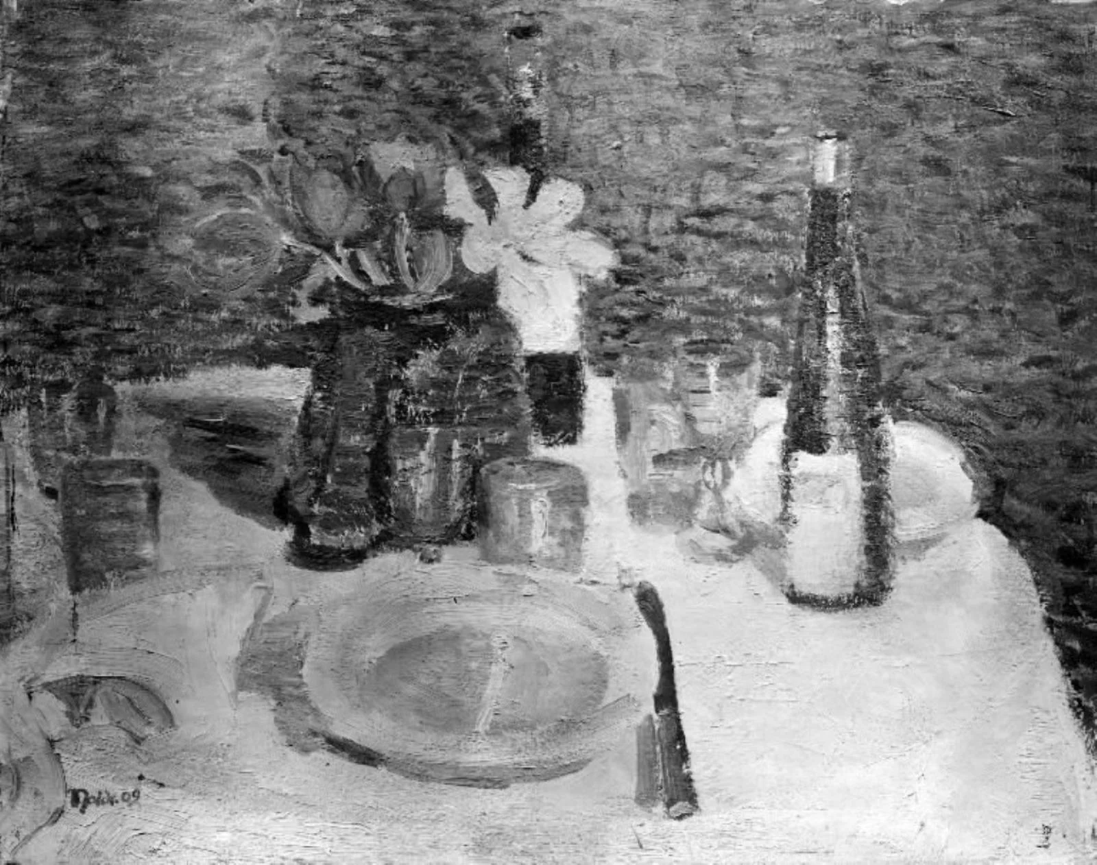 Nature morte, et dækket bord, hvorpå en krukke med tulipaner