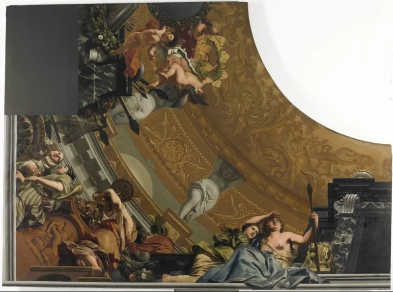 Part (bottom left) of a ceiling decoration with Diana and her companions as the principal representation