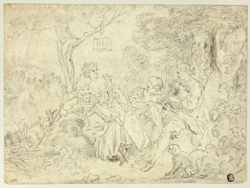 Shepherdesses and Young Man Playing Bagpipe
