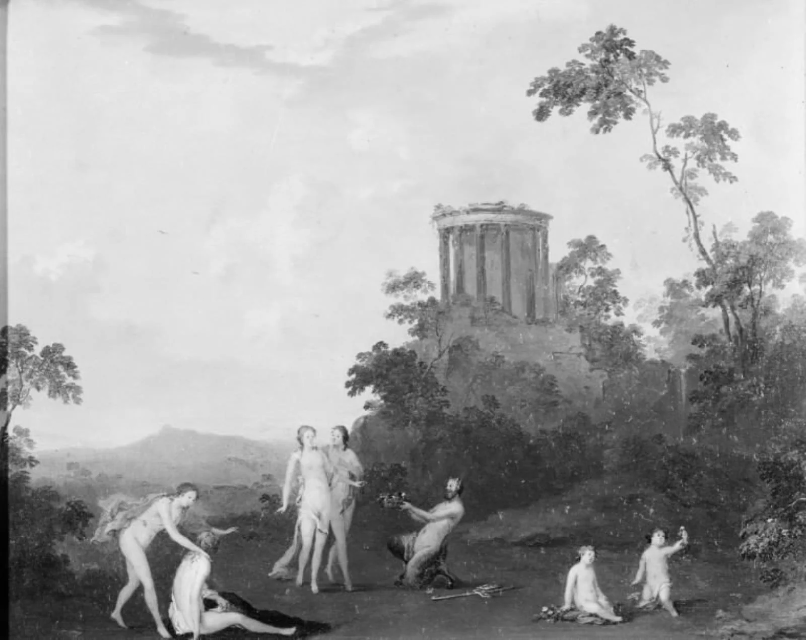 Nymphs and Satyr in front of a Temple