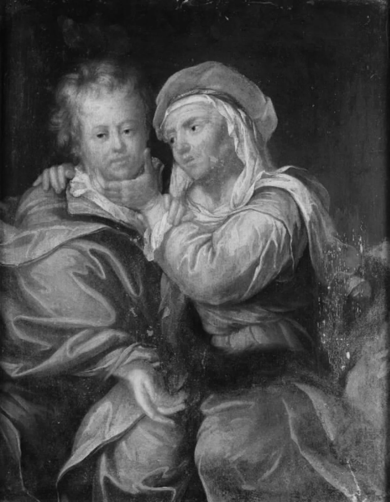 En gammel kone kærtegner en ung mand