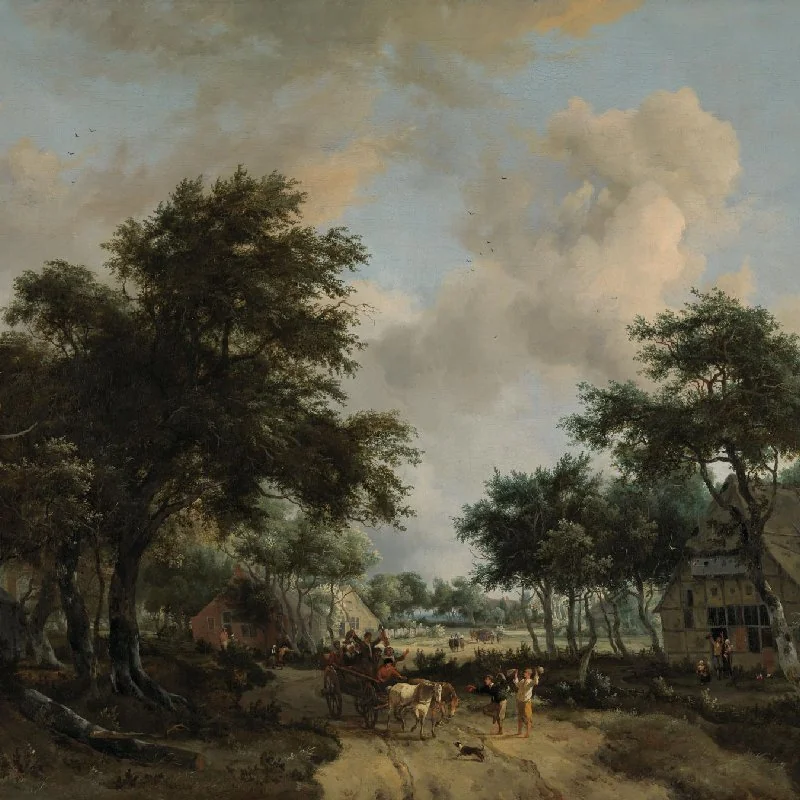 Boslandschap met een vrolijk gezelschap in een wagen