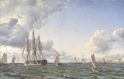 Linieskibet "Valdemar" krydser Sundet ind for en frisk bramsejlskuling