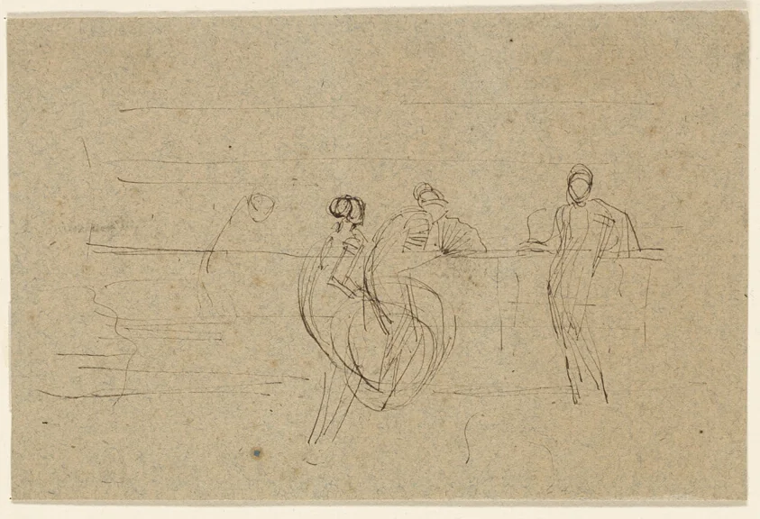 Figures by a Railing