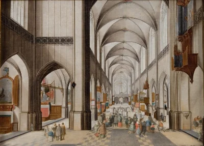 Interior of a Three-Aisled Gothic Church View toward East, during a Sermon