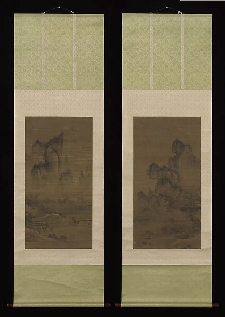 해질녘 산사의 종소리 조선|煙寺暮鍾圖 朝鮮|Evening bell from mist-shrouded temple (left); Autumn moon over Lake Dongting (right)