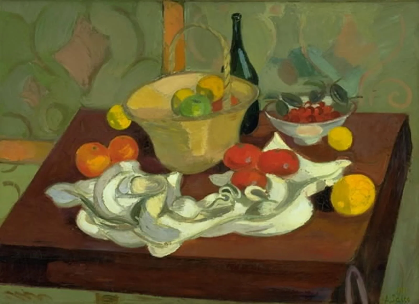 Still Life with a Basket, a Bowl and Fruit on a Table