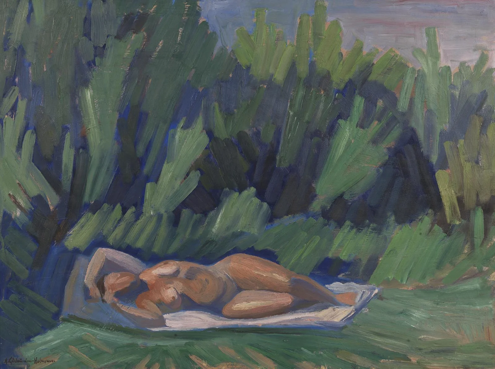 Reclining Nude near Pine Bushes
