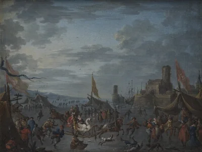 A Winter Scene with Sleigh-Riders and Skaters