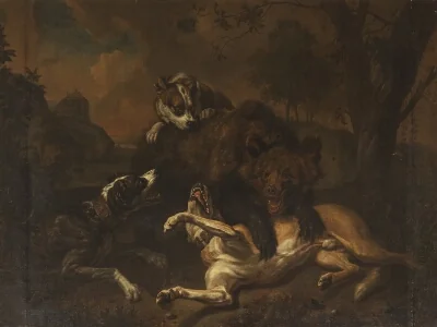 Fight between a Bear and Dogs in a Landscape