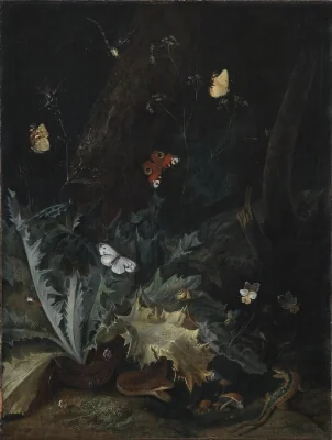 A Forest Floor with a Thistle, a Snake, a Lizard and Butterflies