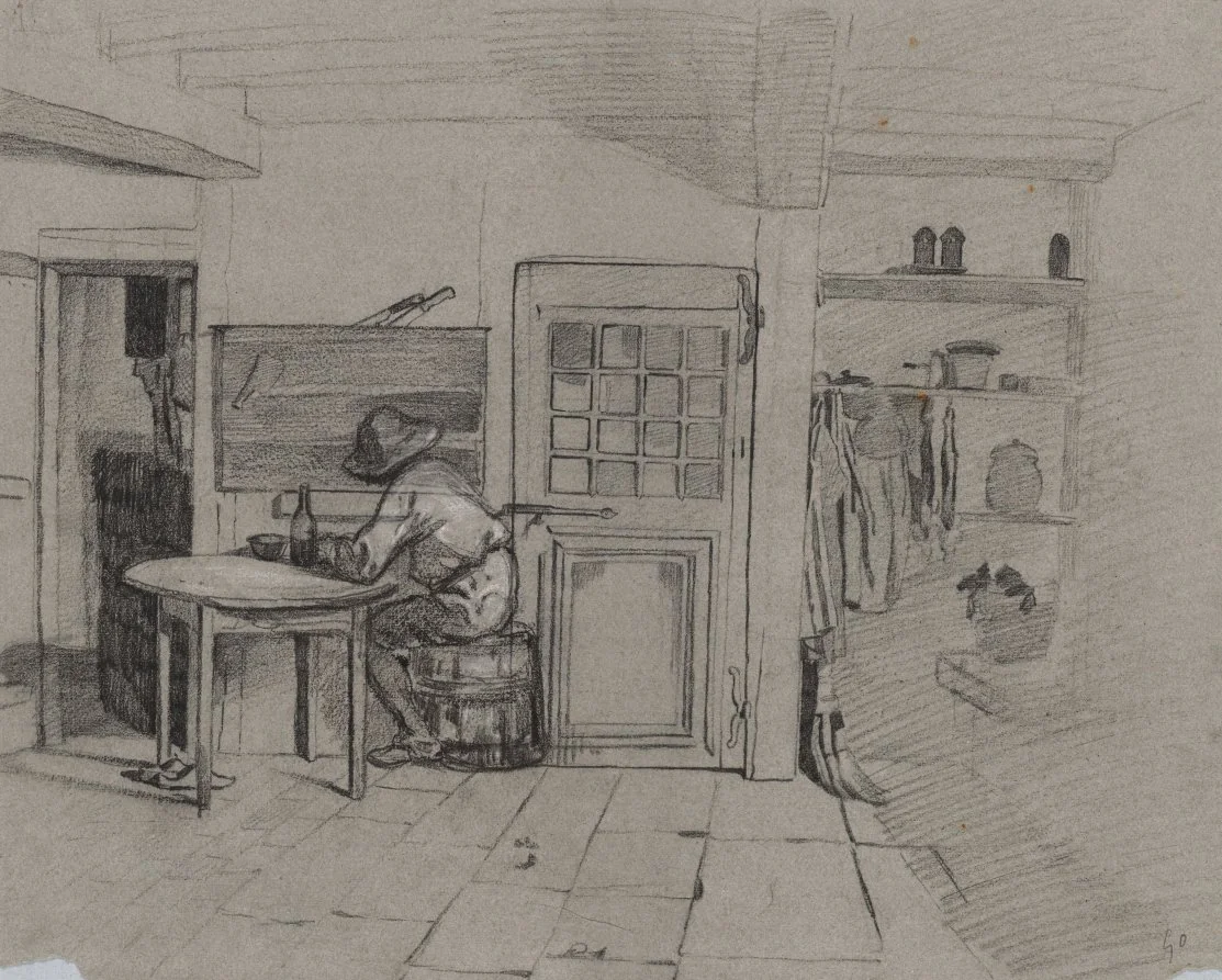 A Farmhouse Interior with a Boy at a Table