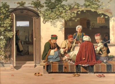 A party of chess players outside a Turkish coffeehouse and barbershop
