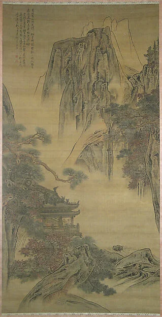 清　李寅　高閣觀瀑圖　軸|Viewing a waterfall from a mountain pavilion