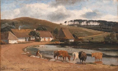 Cows being Watered at a Village Pond. Brofelde, Zealand