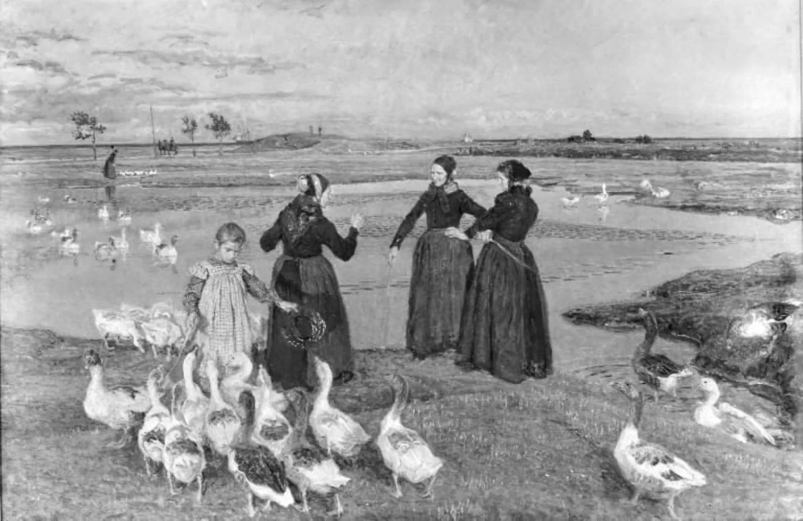 Før sol går ned. Dragør. Koner, en lille pige og gæs ved stranden