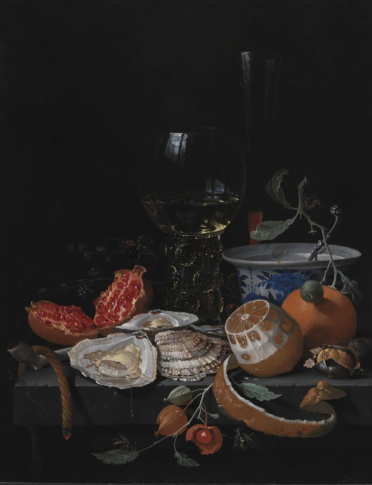 Oysters, Fruit and a Wineglass on a Stone Table