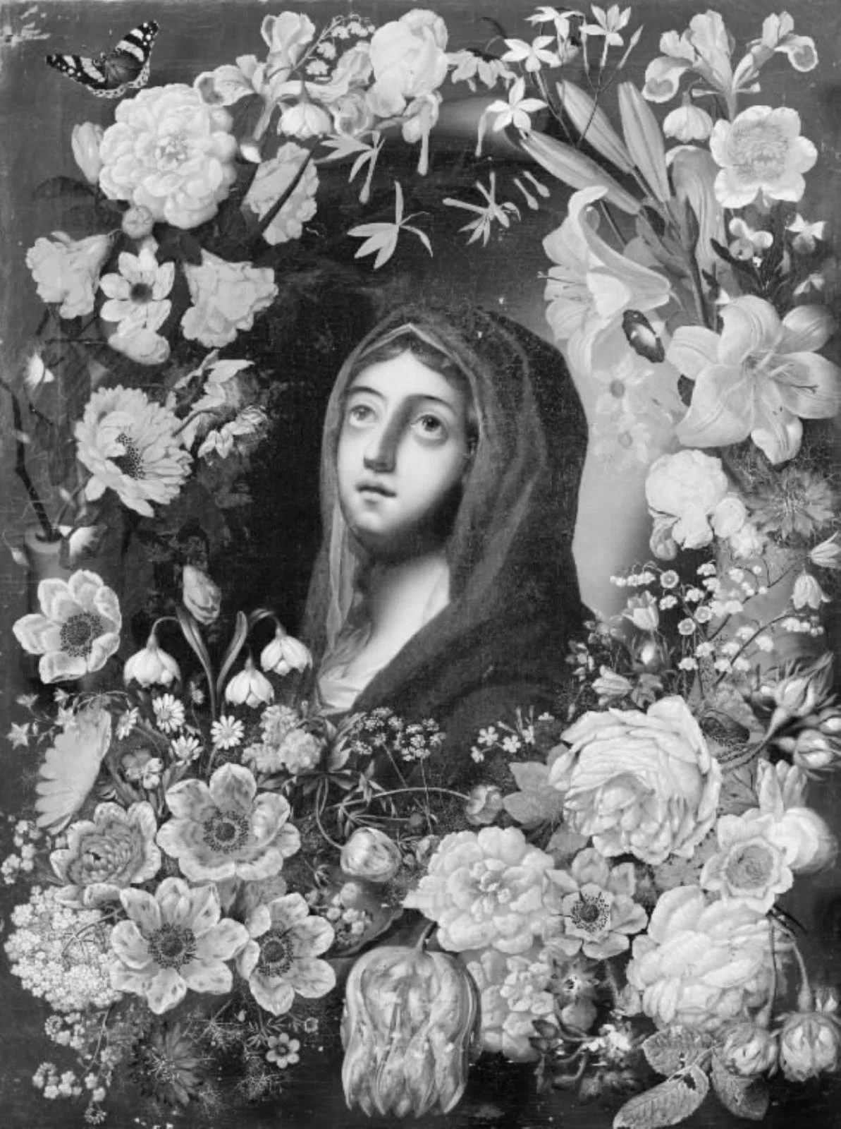 Virgin Mary with a Blue Veil, in a Garland of Flowers