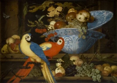 Fruit Still Life with Two Parrots