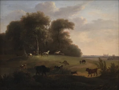 Keld Skov ved Frederiksborg med en del af det kongelige stutteri. I forgrunden schweizer- og tyrolerkvæg