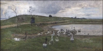 Gæs ved en sø. Mod uroligt vejr. Dragør