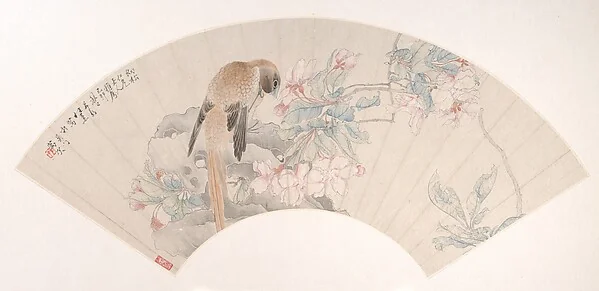 清  任薰   海棠小鳥  扇面|Bird on a Rock by a Flowering Branch