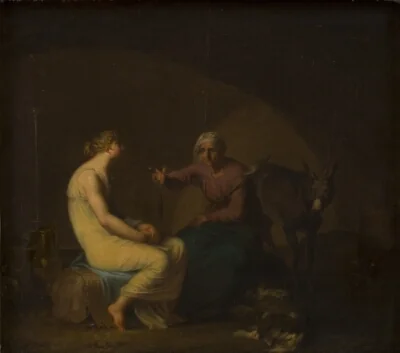 Røverbandens husholderske trøster den unge pige ved at fortælle myten om Amor og Psyche. Motiv fra Apulejus: Det gyldne æsel