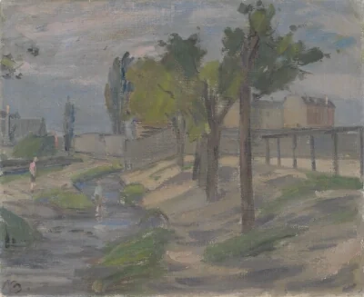 Boys Paddling in the Ladegårds Stream (?).Gables In the Background