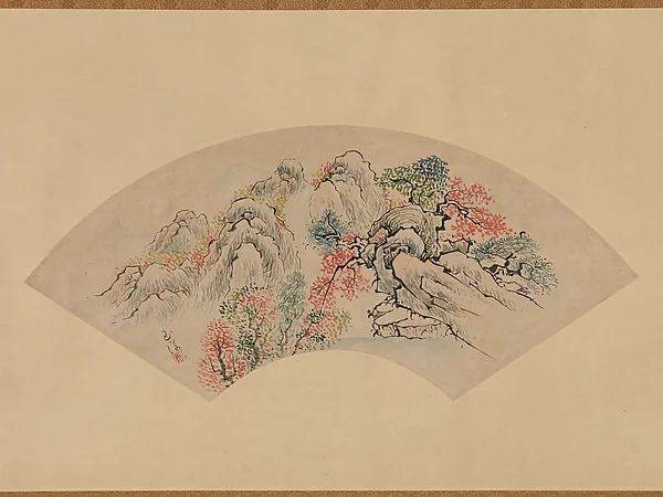 池(徳山)玉瀾筆 秋山水図扇面|Autumnal Landscape with a Waterfall