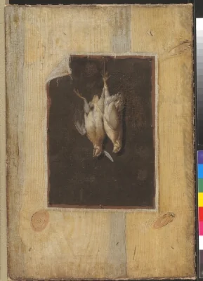Trompe l'Oeil. Board Partition with a Still Life of Two Dead Birds Hanging on a Wall