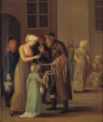 Gadescene i København ved år 1800. Piskebåndsjøden sælger en knipling til en ung pige