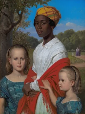 Portrait of Otto Marstrand's two Daughters and their West-Indian Nanny, Justina Antoine, in the Frederiksberg Gardens near Copenhagen